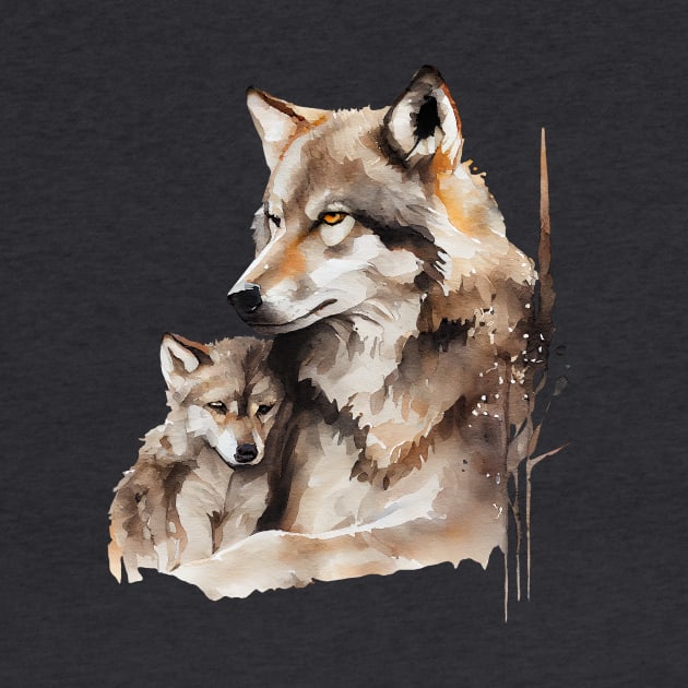 Watercolor Illustration of Wolf Mother with a Baby by KOTOdesign